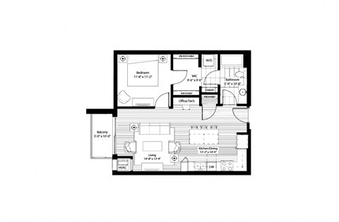 Floor plan for 1 bed, 1 bath, 737 sqft